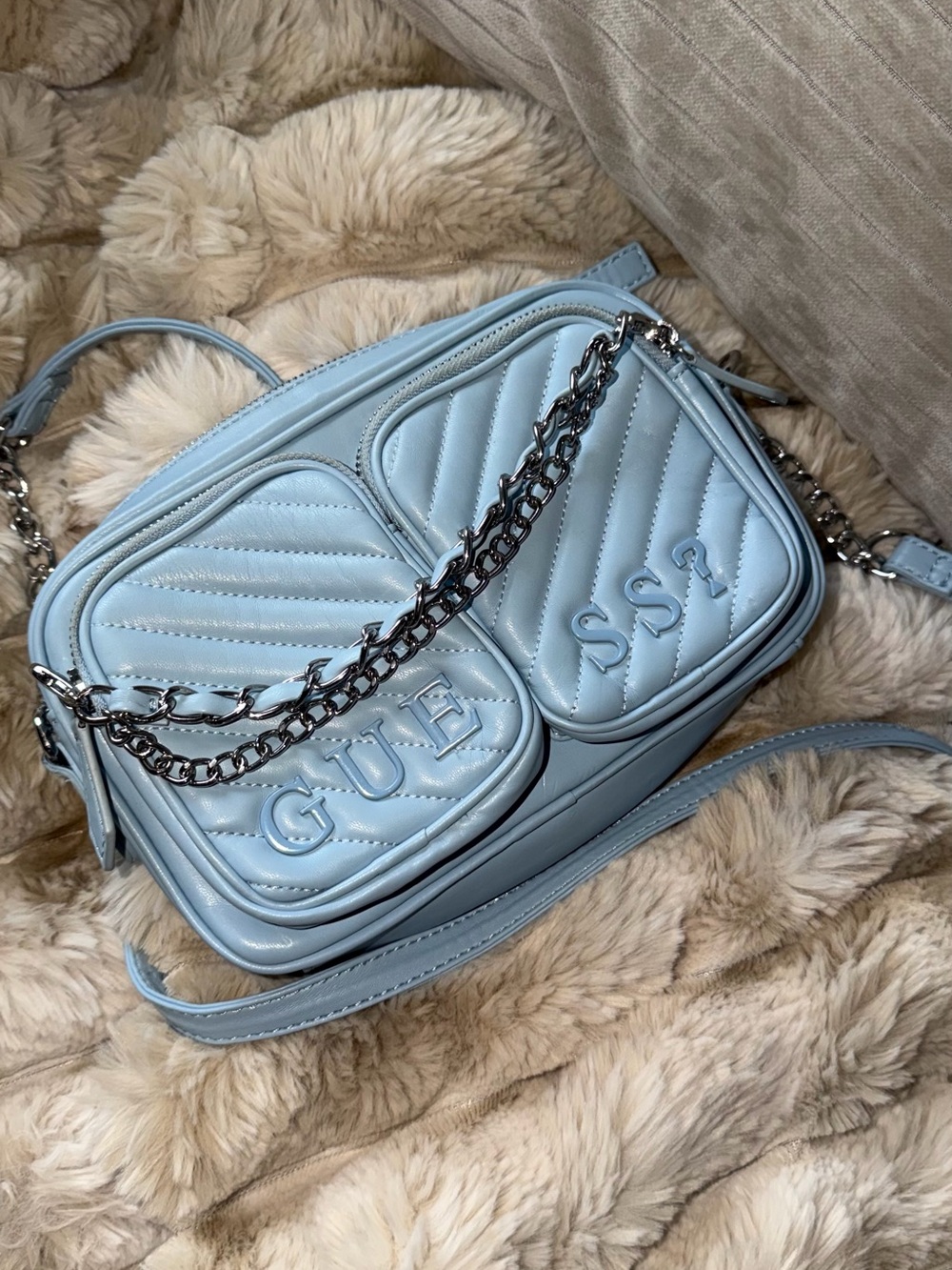 GUESS Quilted Powder Blue Crossbody with Chain Strap